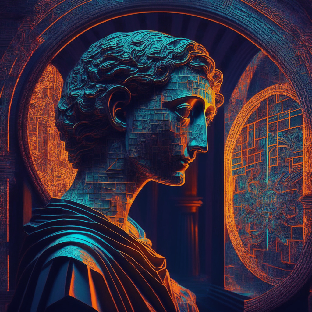 AI-themed crypto boom, Renaissance art style, dusk lighting, intricate patterns, contemplative mood, innovative yet risky, intersection of AI technology & cryptocurrencies, rapid advancements, opportunity & uncertainty, vibrant palette, chiaroscuro lighting.