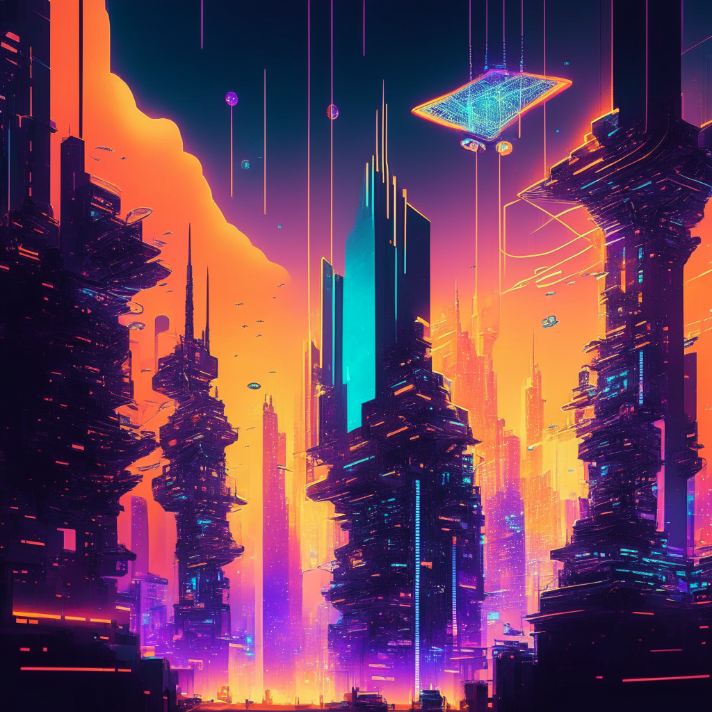 Futuristic cityscape showcasing AI integration, glowing AI tokens suspended in the sky, contrasting light and shadow, intricate circuitry patterns, bustling city life, ChatGPT center stage, vibrant color palette, mood of excitement and uncertainty, juxtaposition of AI and crypto technologies.