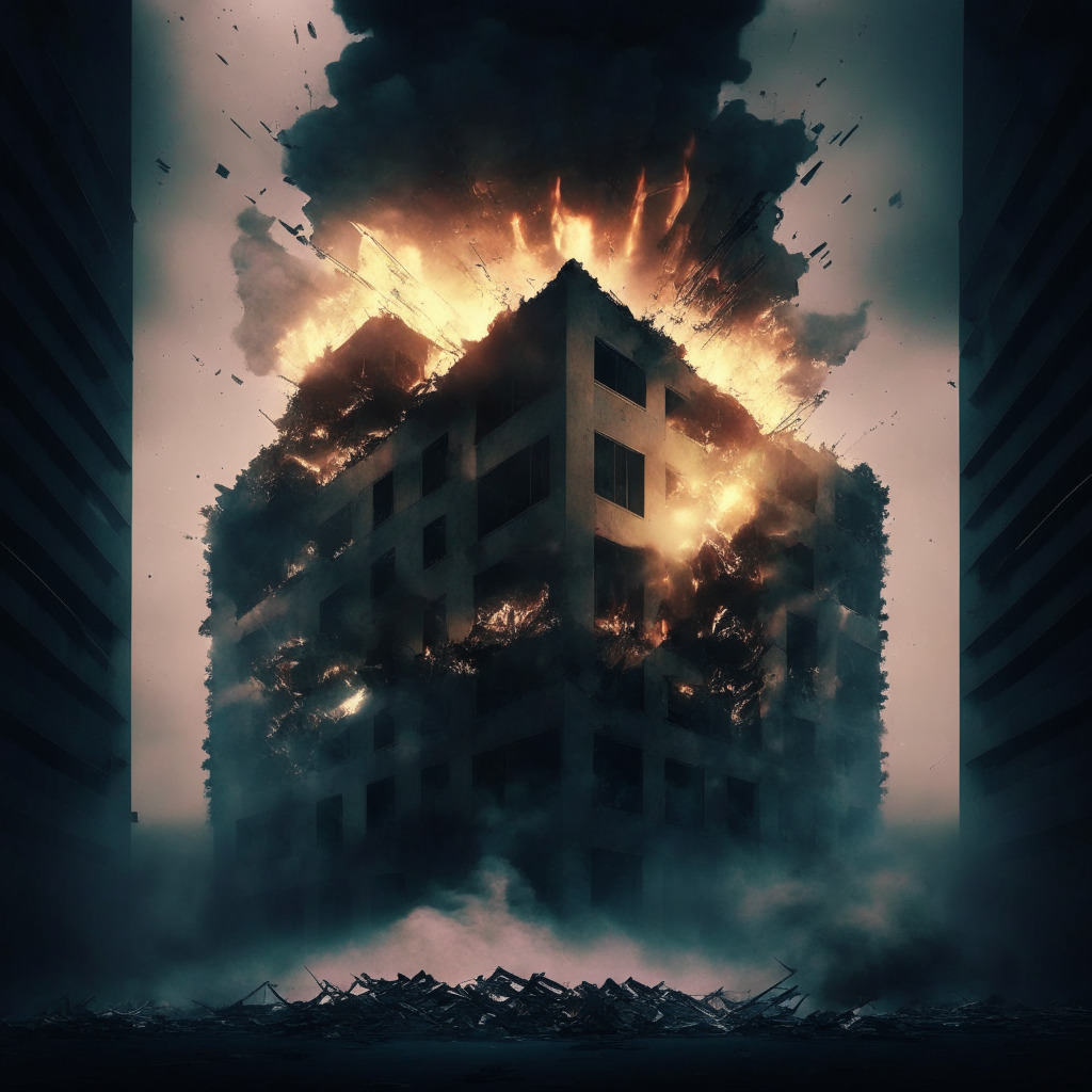 AI-generated image of an explosion, Pentagon building, smoky and chaotic scene, eerie lighting,, surreal, dystopian, urgency, confusion, digital misinformation, blend of real and artificial elements, somber mood, tension, artistic narrative, consequential and deceptive impact of AI-generated content.