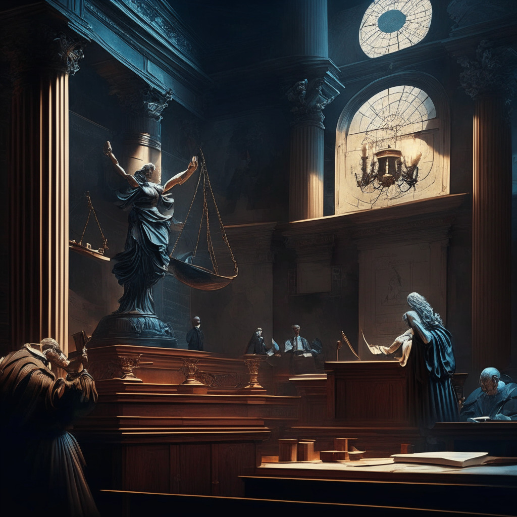 Intricate courtroom scene, judge pointing out discrepancies, attorney embarrassed, ChatGPT paper with errors, balance scale symbolizing innovation vs risk, soft yet contrasted lighting, Baroque artistic style, somber mood, cautionary undertone.