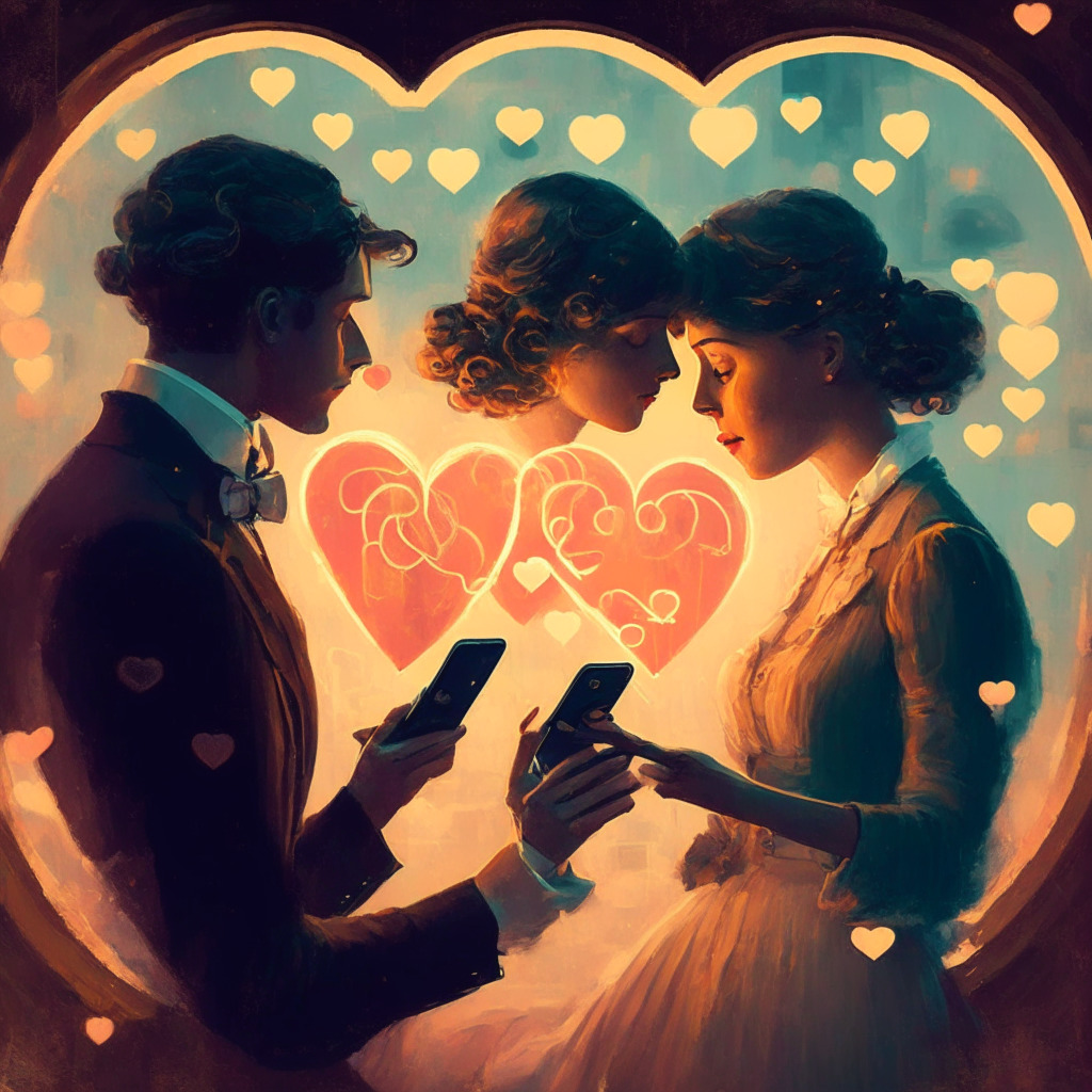 AI-powered romance scene, 1900s painting style, soft warm lighting, surreal mood, two people connecting through smartphones, AI chat bubbles in the air, background conveying online dating, intricate cyberspace elements, heart-shaped symbols, notes of ethical dilemma, hues of passion, curiosity, and uncertainty.