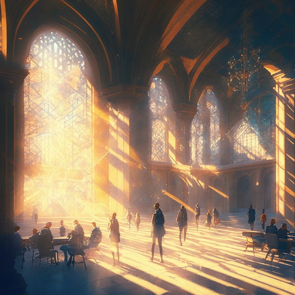 Intricate university campus scene, AI researchers collaborating with diverse professionals, ethereal, glowing holograms of AI algorithms, human-centric symbolism, warm and inviting light setting, impressionistic art style, mood of inspiration, innovation, and ethical responsibility. No brands/logos.