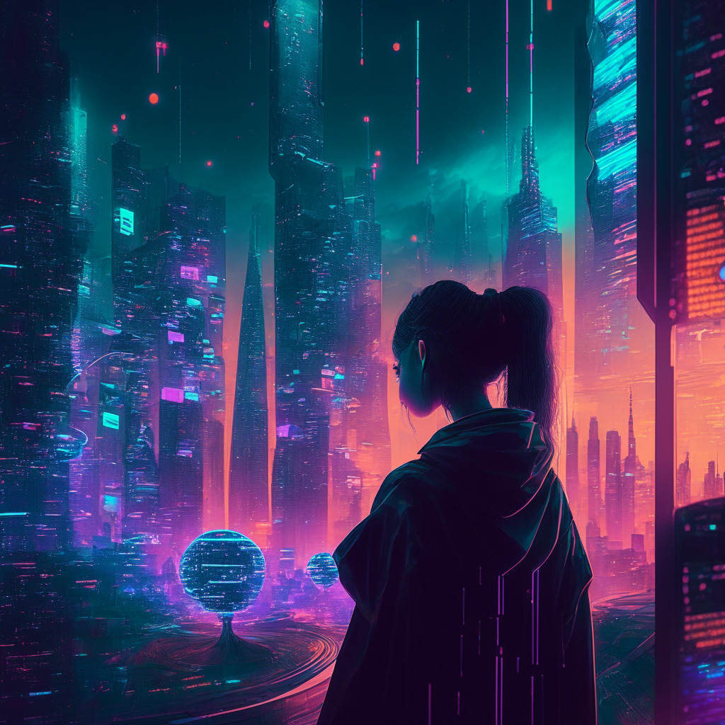 Futuristic currency exchange, iris-scanning technology, digital World ID, dusk-lit city skyline, cyberpunk aesthetic, encrypted transactions, glowing holographic orbs, interconnected global network, hopeful yet cautious atmosphere, privacy protection undertones, deep color palette.
