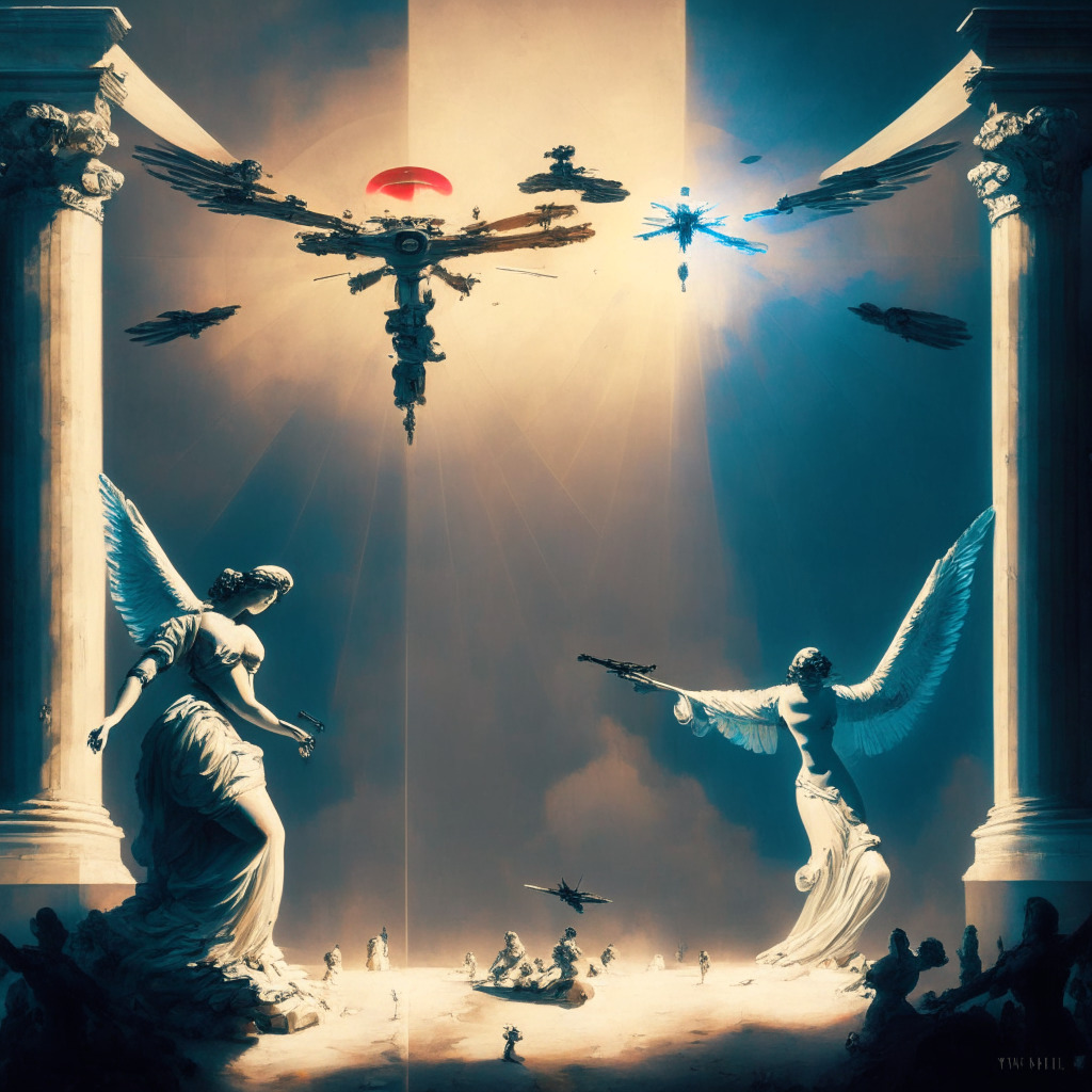 AI-powered world peace vs. drone wars scene, Renaissance style painting, contrasting light and shadows, glowing AI figure embodying harmony and abundance, drones hovering menacingly on the other side, subtle tension yet hint of optimism, no brand/logo. Max 350 chars.