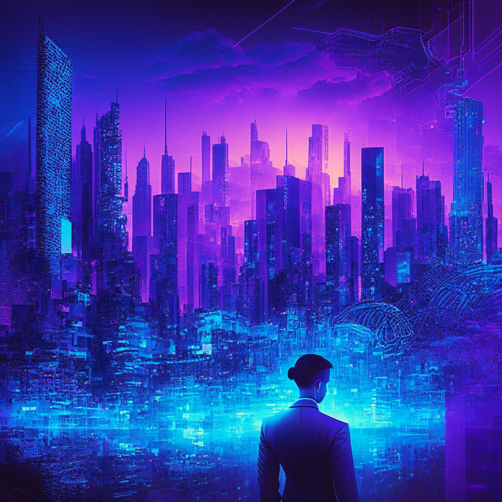 AI transforming labor market, futuristic cityscape at dusk, dynamic tones of blue & purple, focus on diverse professionals collaborating, enhanced by holograms & glowing data visualizations, texture evokes creative expressions, mood of optimism, balance between human skills & technology.