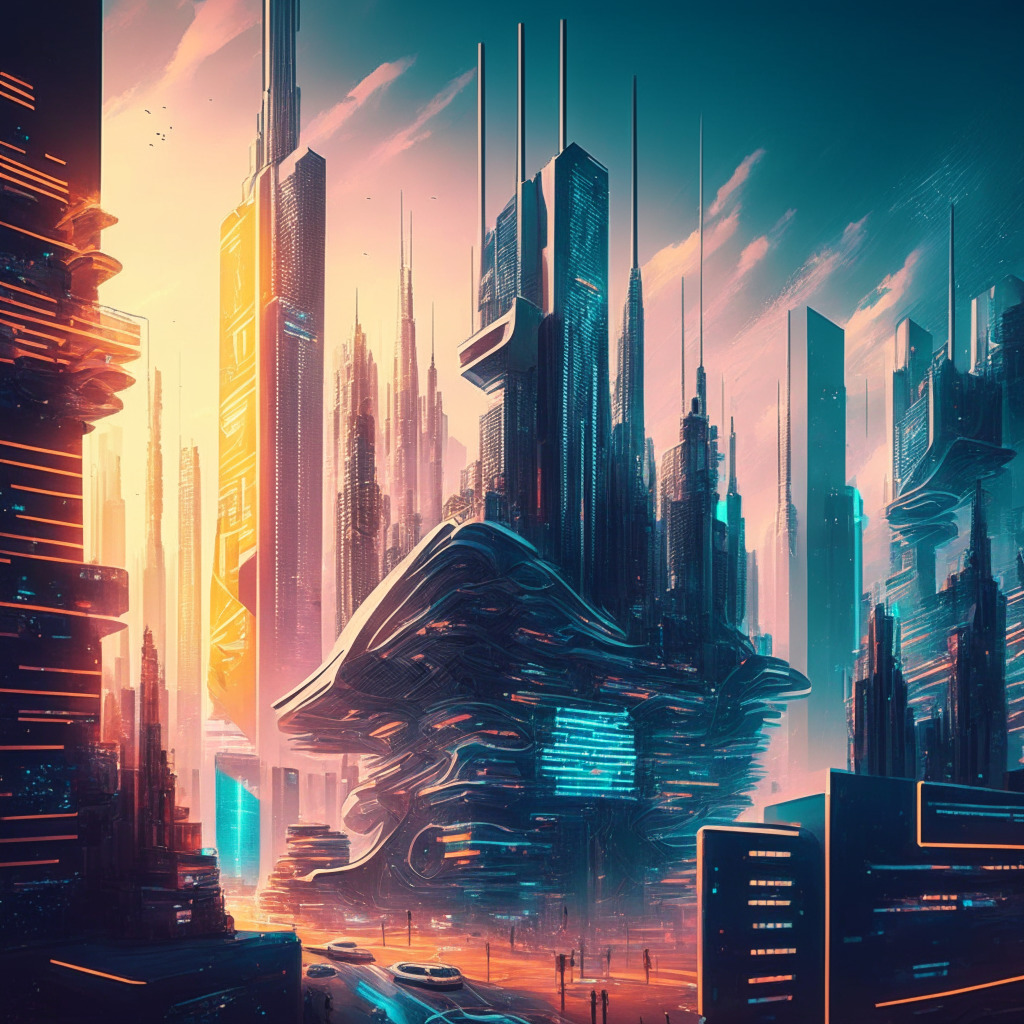 Futuristic cityscape highlighting AI's impact, banking & healthcare sectors, diverse workforce, warm yet dynamic lighting, blend of abstract & realism, aspirational mood, humans collaborating with machines, creative vs. analytical jobs, emphasis on skill development, harmony between technology & employment.