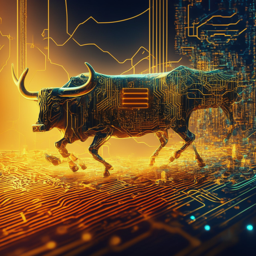 AI-driven crypto bull run, intricate circuit board landscape, golden light accents, dynamic play of shadows, futuristic style, vibrant colors, mood of anticipation and excitement, swirling abstract patterns, interconnectedness of digital networks, subtle contrast of success and risk.