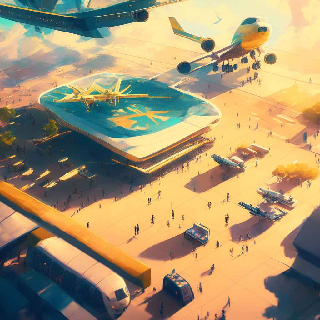 Aerial view of a bustling airport, vibrant metaverse park, ANA airplane as an NFT floating overhead, travelers with VR headsets, rare travel collectibles, soft golden light, painterly art style, hint of digital pixelation, mood of anticipation and wonder, fusion of virtual and real worlds.
