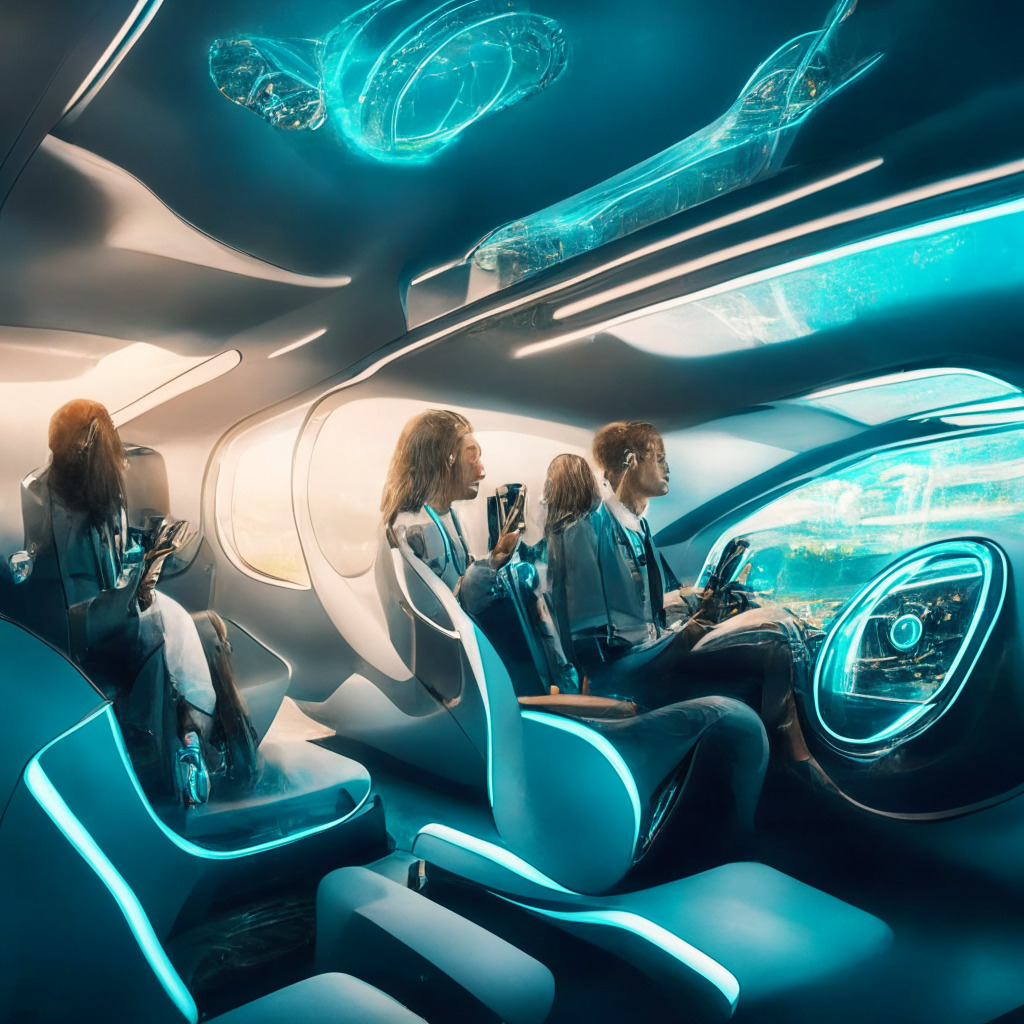 Futuristic vehicle interior, AR & VR elements integrated, passengers immersed in mixed reality experiences, hint of BMW design, soft ambient lighting, serene mood, digital twin of the car, world-locked rendering, points of interest highlighted, artistic fusion of technology & transport.