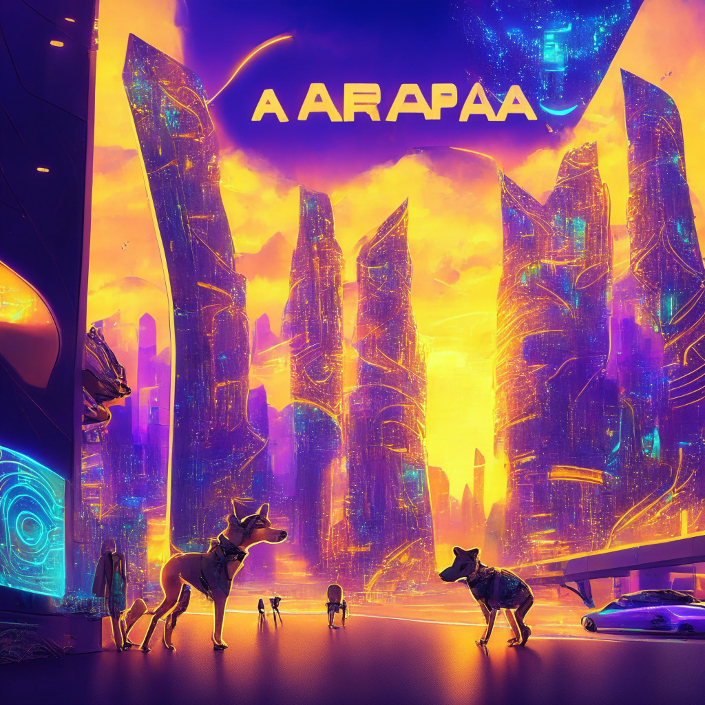 A futuristic city with ARPA Network billboards, vibrant colors, cyberpunk-style, people generating memes on holographic screens, AI-powered meme dogs roaming, golden-hour lighting, mood of excitement and anticipation, contrasting ARPA's progress with AiDoge's potential, swirling patterns evoke blockchain connections, cityscape symbolizes growth.