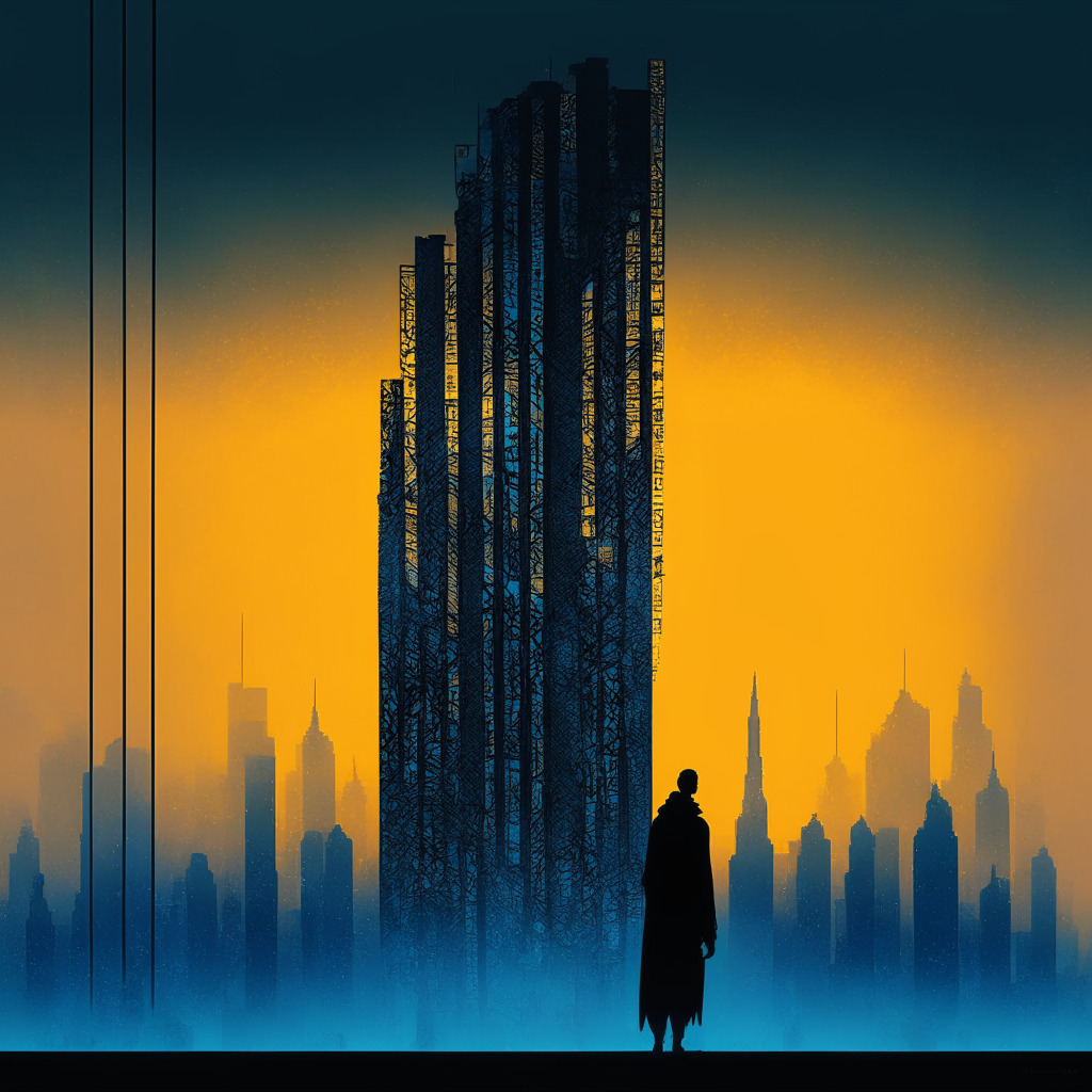 Misty skyline, ASX building surrounded in shadows, golden sunset hues fading into deep blue night sky, a 3D chain dissolving into binary code, contrast of classical and futuristic style, a figure contemplating whether to follow the chain or the code, sense of uncertainty and exploration, overall mood of careful decision-making.
