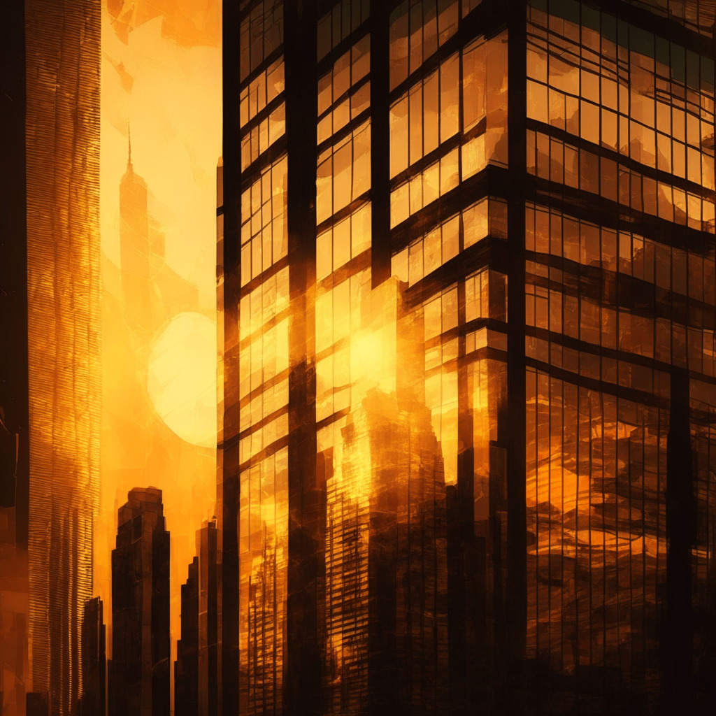 Sunset over financial district, ASX building in foreground, fading blockchain pattern, somber mood, warm sepia tones, impressionist painting style, subtle tension in scene, light reflections on glass windows, focus on balance between innovation and practicality.