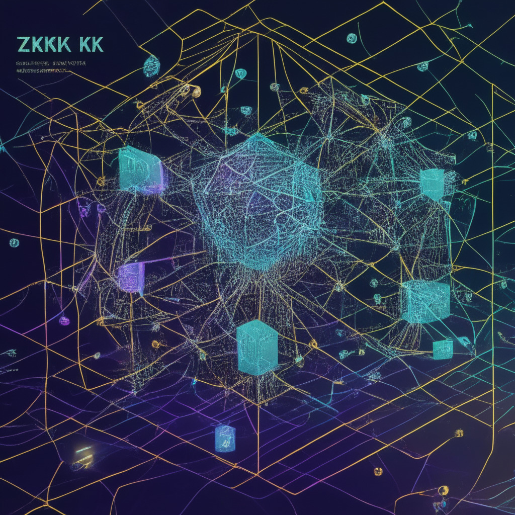 Intricate blockchain network, powerful layer-2 scaling showdown, Aave protocol deployment on Ethereum's Metis, DeFi features converging with zk-proof technology, dynamic light interplay, triumphant mood, visionary artistic style, seamless transaction processing, expanding collateral asset pool, gas optimization, futuristic financial landscape.