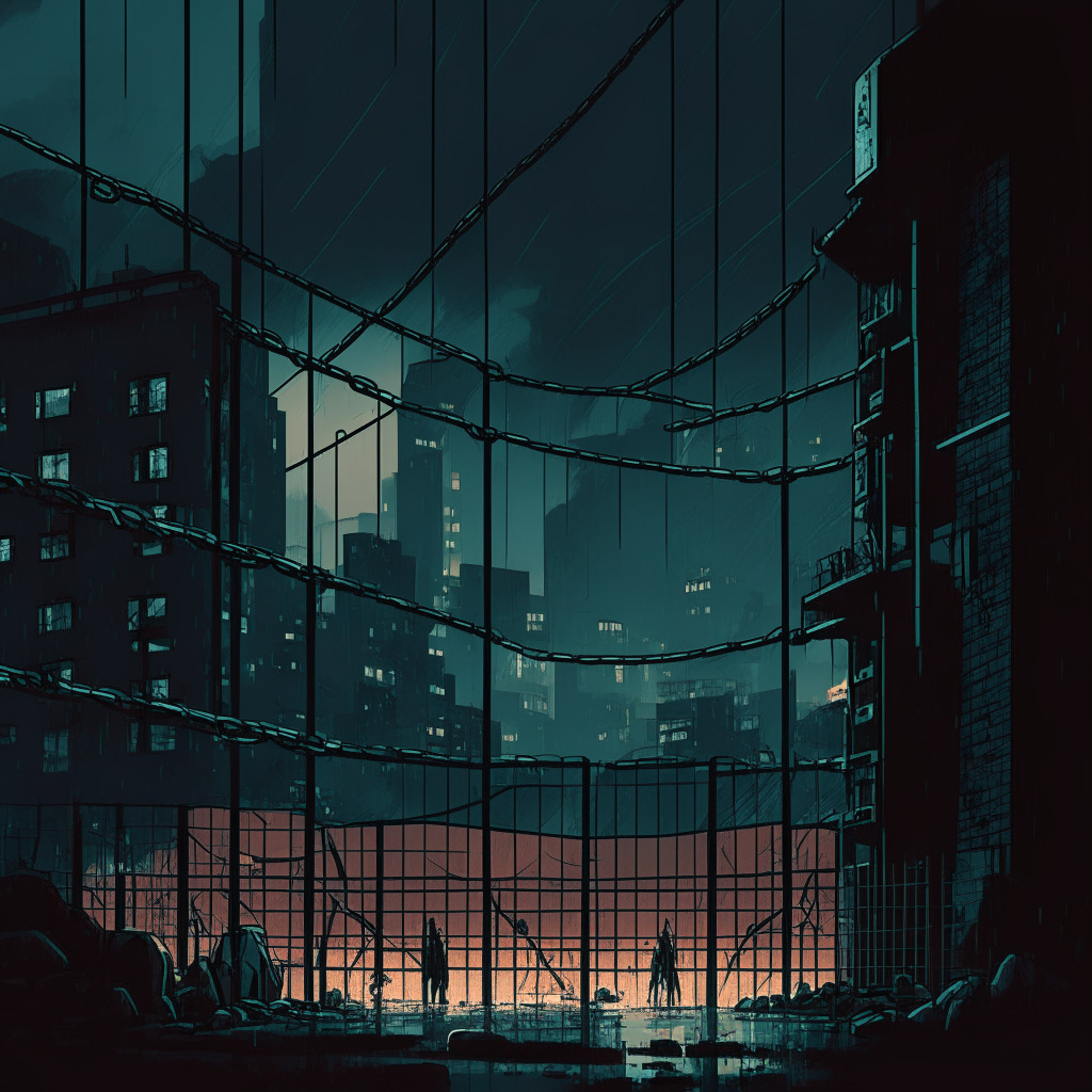 Gloomy blockchain cityscape, DeFi platform in background, broken chain link symbolizing bug, spotlight on an Aave community meeting discussing a fix, vintage noir art style, dimly lit scene, subdued colors, mood of uncertainty yet determination, sense of collaboration and progress.