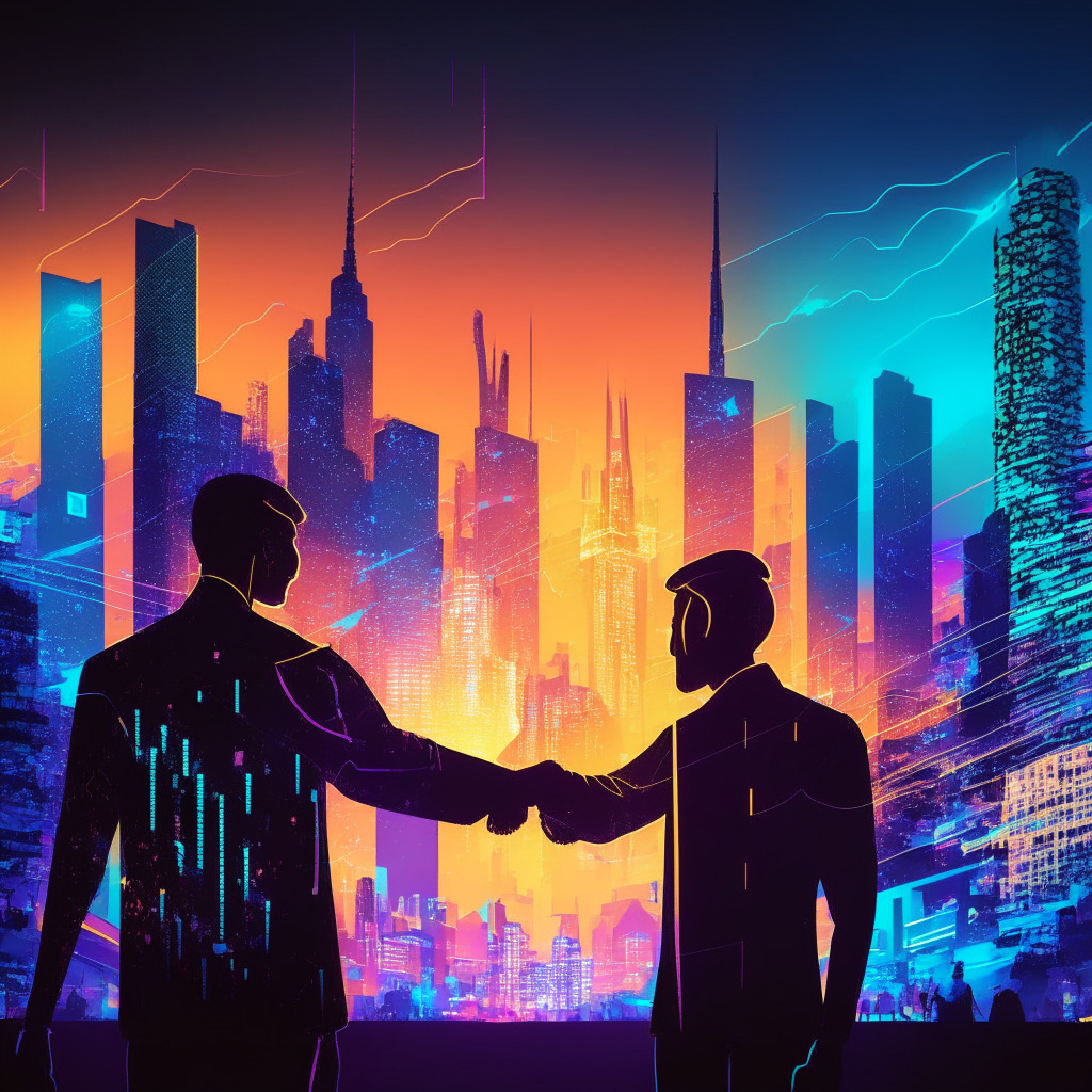 A vibrant cityscape at dusk, glowing with neon lights, futuristic skyscrapers, Ethereum logo on Metis Network, two handshake silhouettes representing collaboration, a graph depicting market liquidity growth, various diverse people engaging in borrowing & lending activities, blend of impressionist & realism style, a sense of excitement & optimism, slightly abstract.