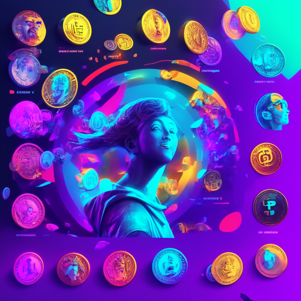 Futuristic AI-powered meme platform, vibrant color palette, dynamic lighting, a blend of entertainment & finance, fun yet sophisticated mood, flying digital coins representing various meme tokens, unique memes being generated & rewarding users, artistic representation of scalability & investment growth.