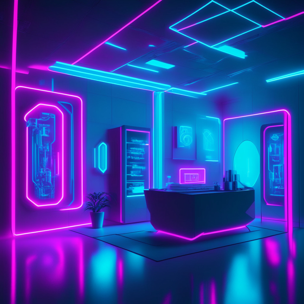 Futuristic AI lab with memecoin, glowing screens, holographic AI and cryptocurrency symbols, sleek minimalist design, vibrant neon blues and pinks, whimsical creative atmosphere, dynamic interplay of light and shadows, mysterious mood, a blend of modern art and surrealism expressing the cutting-edge meme-to-earn concept, risk and potential rewards.