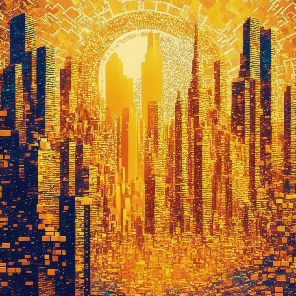Vibrant digital mosaic, AI-generated memes, shining tokens, diverse users engaging in meme creation, triumphant crypto investors, futuristic city backdrop, warm golden hues, dynamic composition, energetic atmosphere, sense of community and growth, amusing yet innovative mood. (350 characters)