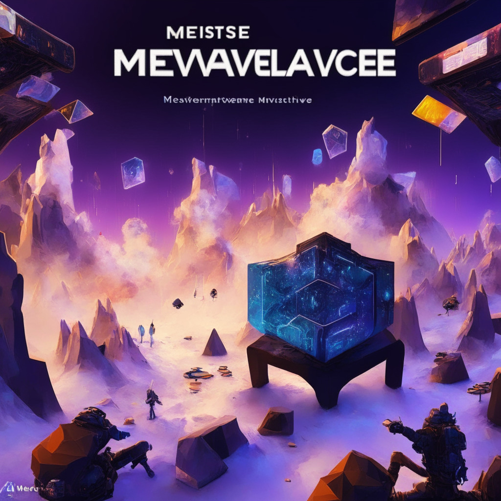 Metaverse launchpad on Avalanche blockchain, NFT ticketing platform on Polygon, digital art P2P marketplace, Goblintown sequel, token-gated drops & experiences, reality competition show, artistic futuristic style, low-lit dynamic environment, evolving technology landscape, hopeful yet cautionary mood.