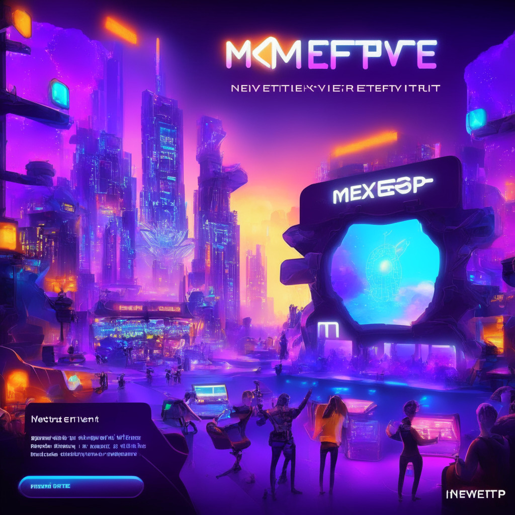 Metaverse hub w/ DeFi, NFTs, gaming, soft lighting, user-friendly portal, vibrant colors, welcoming vibe, futuristic cityscape, diverse users exploring opportunities, interactive terminals, blockchain landscape, educational elements, play-to-earn games, web3 wallet integration, glowing $LPX token centerpiece, empowering atmosphere, innovative design.