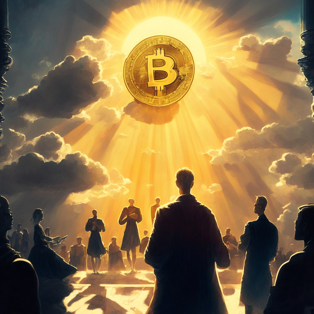 Cryptocurrency market scene, balanced scale on a blockchain, SEC officials on one side, cryptocurrencies on the other side, sun and clouds reflecting uncertainty and light, Renaissance painting style, subtle chiaroscuro in the background, surrealistic feel, interplay of shadows and light, mood of tension and scrutiny, innovative elements emerging.