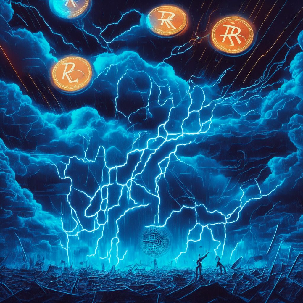 Cryptocurrency defiance, KAVA's mainnet upgrade, XRP's predicted rally, Tron's low fees, Rocket Pool's bullish growth, Render Token's volatility, moody skies, intricate financial web, glowing coins, a touch of impressionism, contrasting lights and shadows, air of hopeful uncertainty