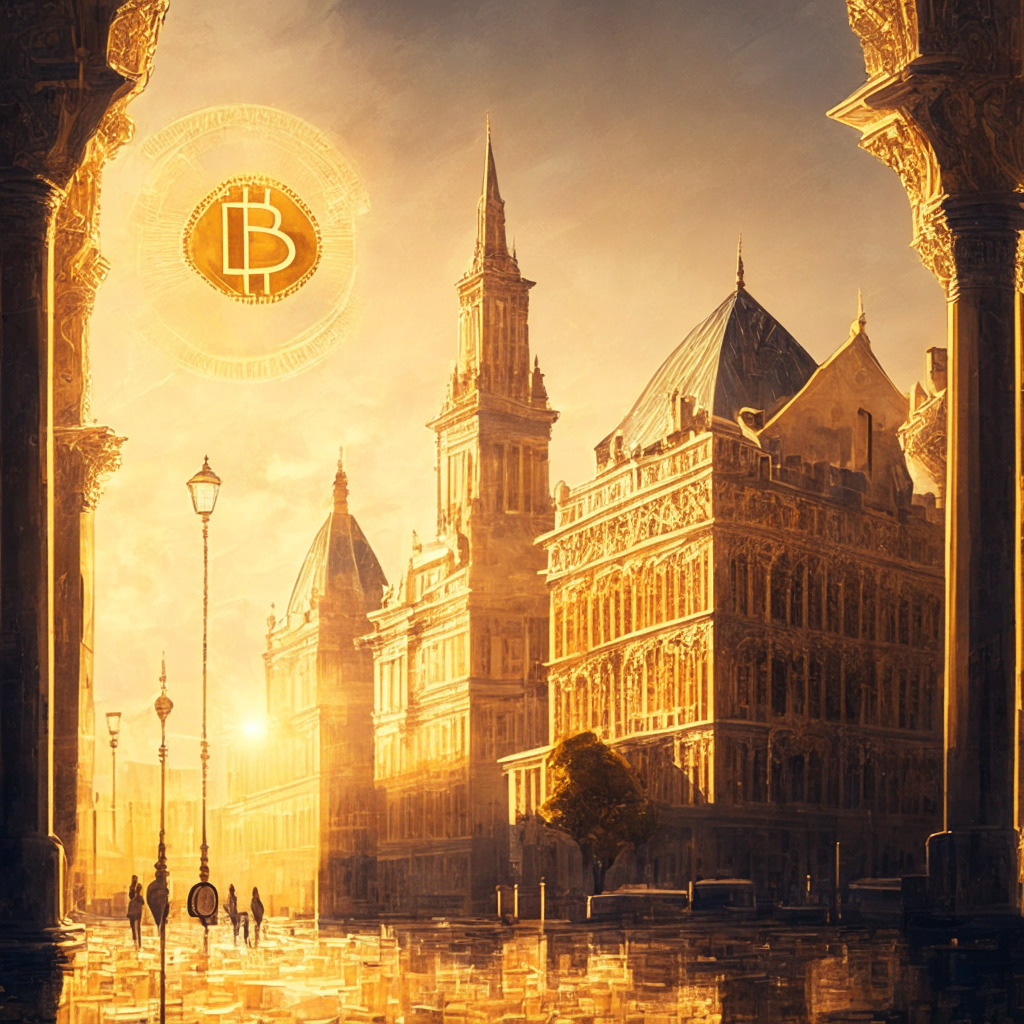 Intricate European cityscape, Bitcoin symbol as centerpiece, golden hues, evening light, impressionistic style, serene atmosphere, blend of historic architecture & modern tech, prominent investors subtly depicted, hints of institutional support, dynamic market backdrop, subtle ascension.