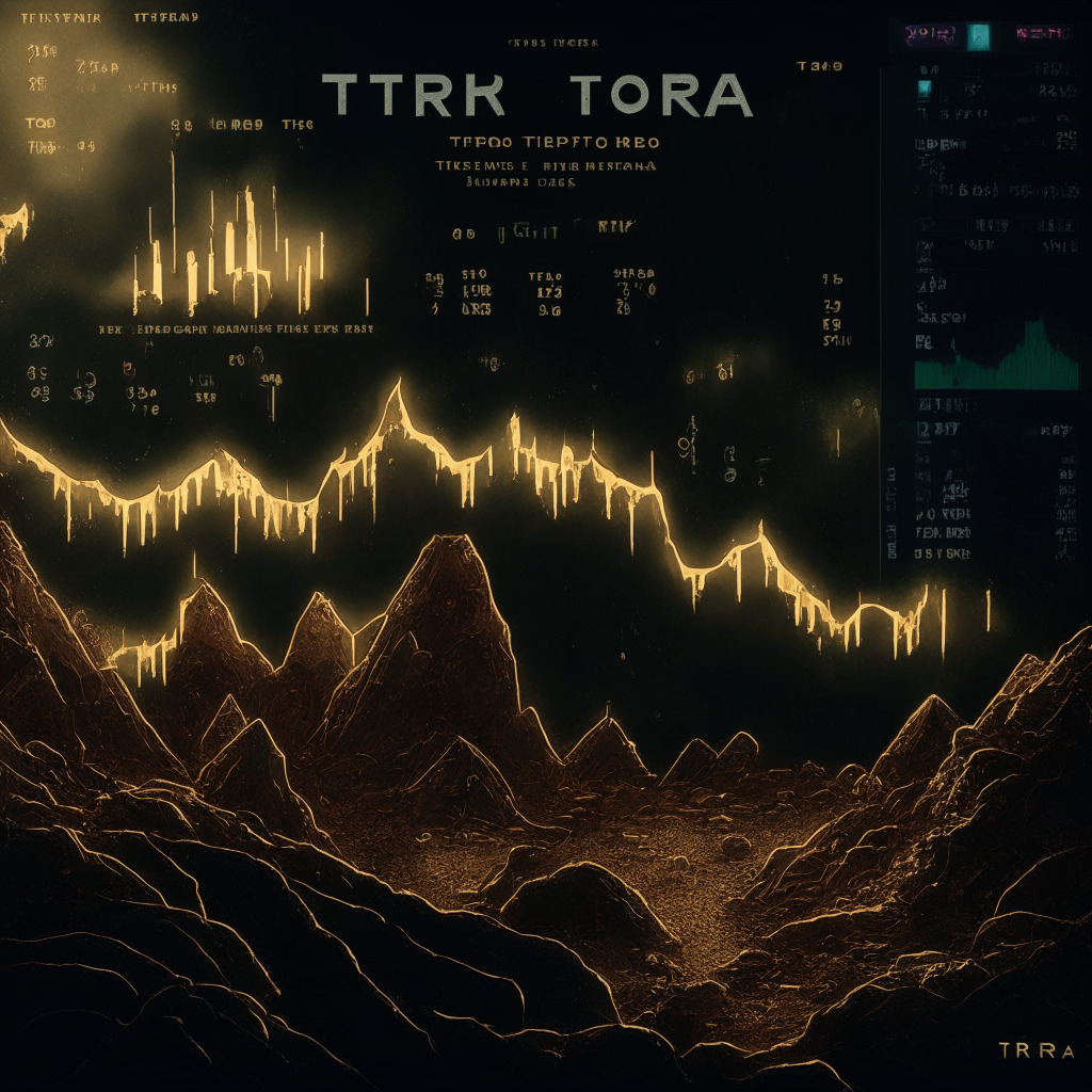 Cryptocurrency market scene, Terra Classic coin and LUNC token, double-bottom pattern, falling wedge pattern, Block Entropy testnet, dynamic resistance as battleground, moody ambiance, contrast of light and dark, hints of bullish and bearish momentum, painterly texture, RSI slope evoking hope.