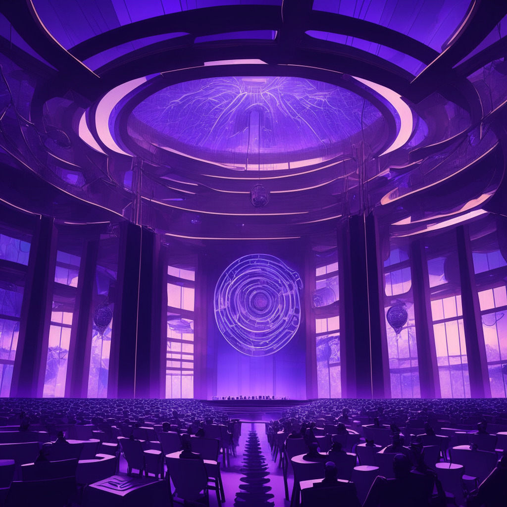 Dusk-lit blockchain assembly, brass Art Nouveau accents, diverse delegates casting votes, air of coordinated focus, futuristic conference hall with seamless screens, subdued hues of purple and blue, Snapshot hologram casting ripples.