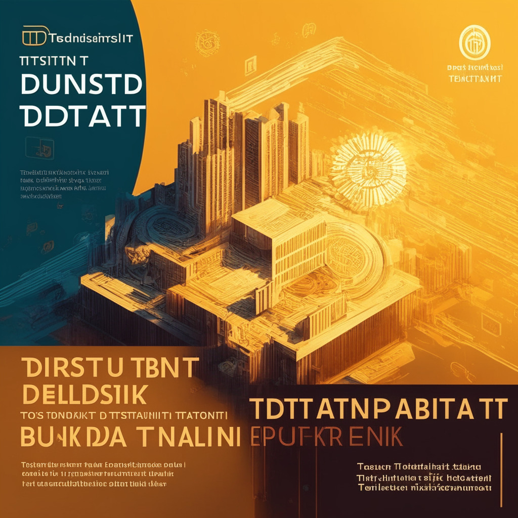 Digital trust bank discussion, decentralized voting, intricate virtual tokens, warm sunlight illuminating crypto conference, mood of anticipation and progress, fluid blend of tradition and innovation, influence of institutional investors, embrace of decentralization, subtle balance of power and community input.