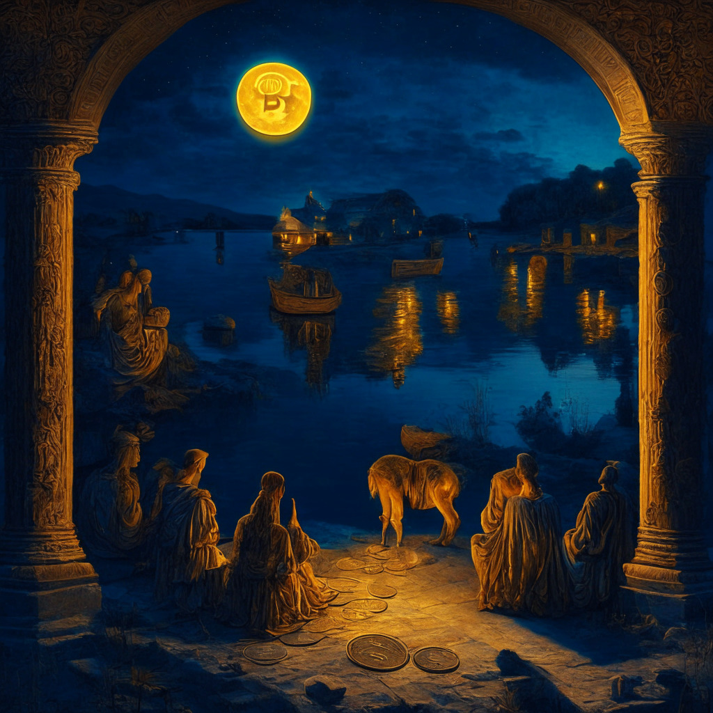 Ancient Bitcoin wallets reactivating, mystery transactions, Moonlight reflecting on golden Bitcoins, Renaissance art style, dusk landscape, contemplative atmosphere, serene yet curious characters discussing crypto, flourishing vintage market, hues of amber and indigo, hint of doubt and intrigue.