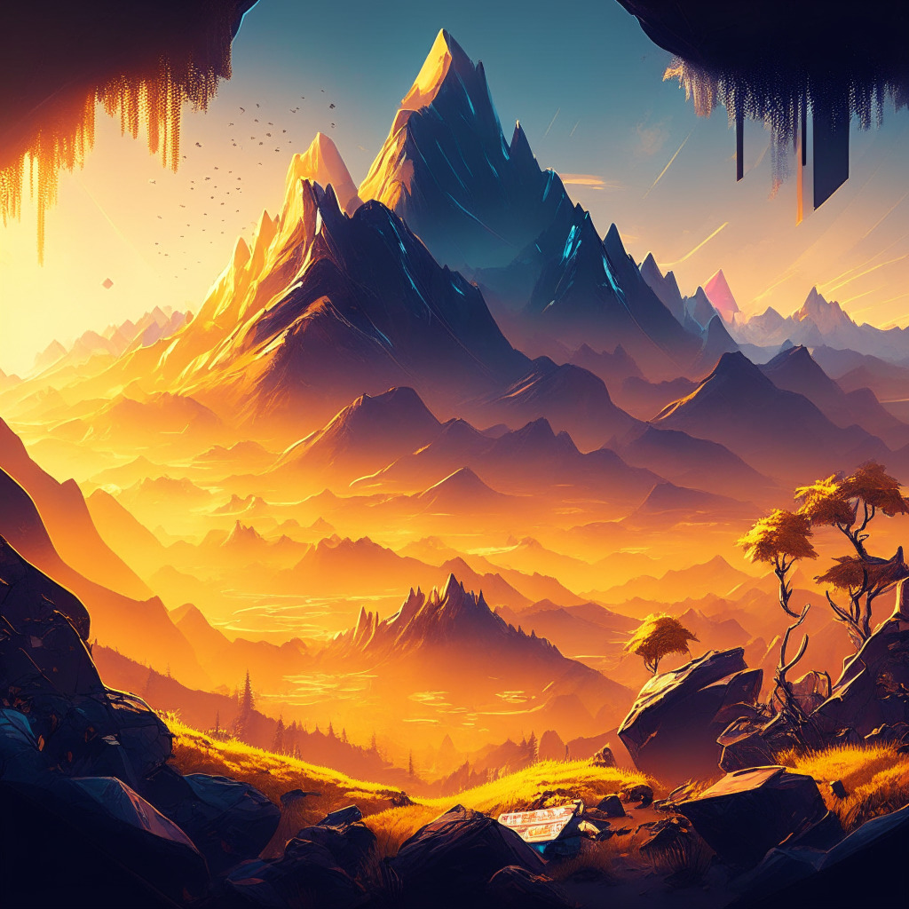 A vibrant Web3 gaming landscape, majestic metaverse mountains in the distance, assets such as tokens and digital currencies artistically scattered in the foreground, warm golden light setting, chiaroscuro effect for a dramatic mood, figures representing resilient game developers, air of cautious optimism and transparency, no brand names or logos.