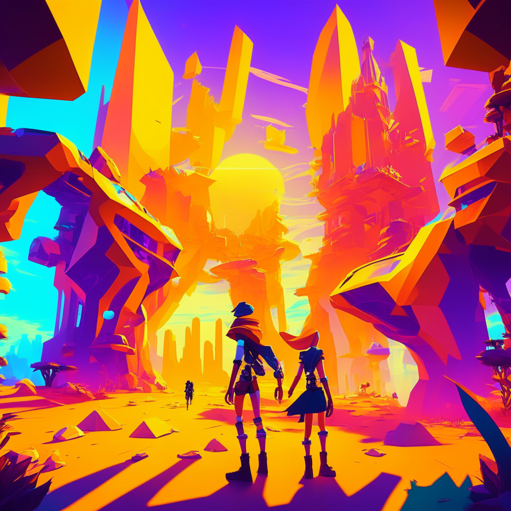 Futuristic metaverse scene, virtual gaming landscape, NFT-powered characters, vibrant color palette, low-poly style, golden hour lighting, dynamic angles, lively atmosphere, sense of adventure and growth, underlying resilience, interconnected digital realms, fluid blockchain designs, progress and innovation theme.