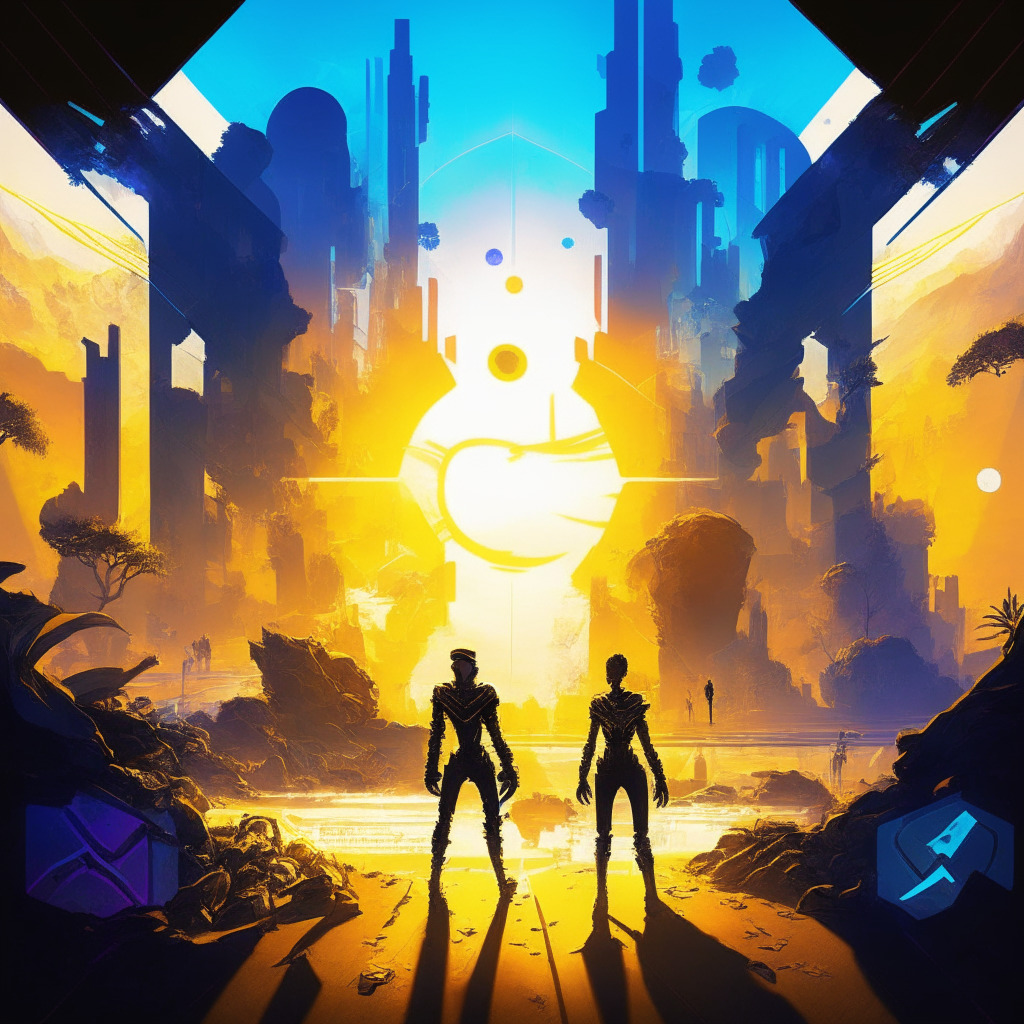 Futuristic metaverse landscape with thriving digital economy, artistic rendering of digital tokens and NFTs, victorious gaming characters, intertwined martial arts and gaming elements, soft rays of sunlight symbolizing growth, a mosaic of bright contrasting hues evoking confidence and ambition, uncertainty lurking in ominous shadows, an overall mood of hopeful resilience.
