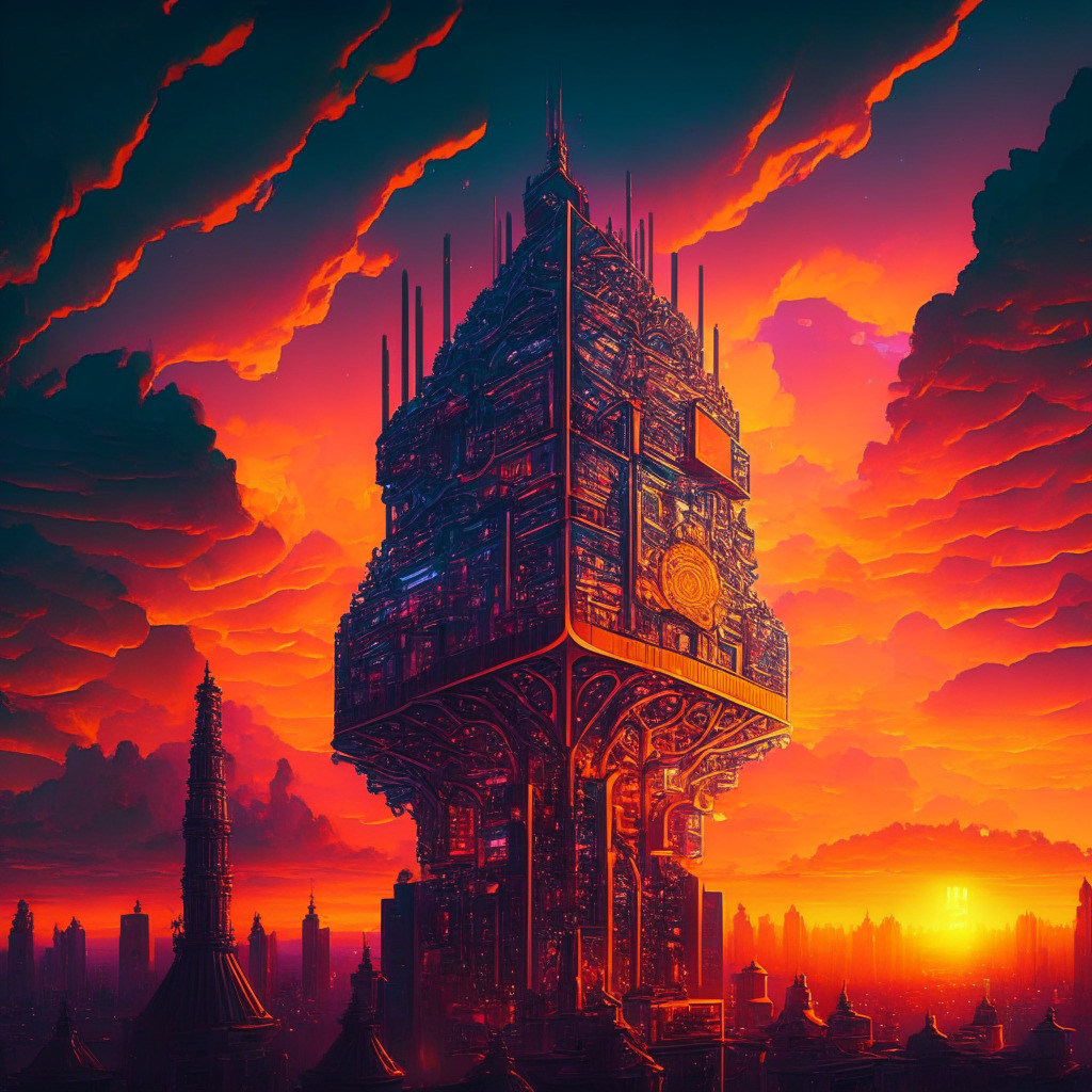Intricate blockchain cityscape at sunset, Anoma Foundation as a glowing beacon, intent-centric architecture rising above Ethereum, radiant colors symbolizing innovation, mix of Baroque & Futurist style, hint of skepticism as dark clouds, overall mood of progress & evolution, 350 char max.