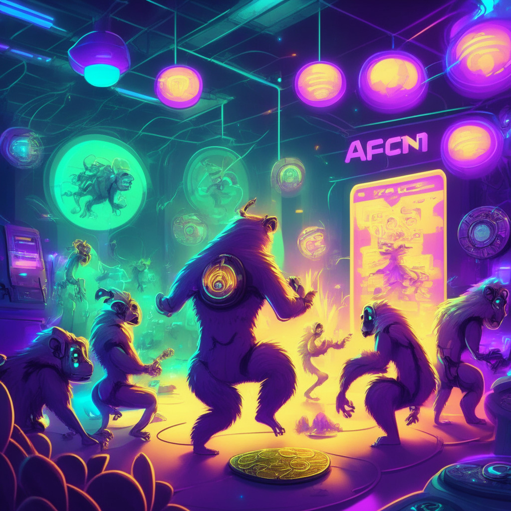 Futuristic crypto incubator scene, glowing ApeCoin tokens, dynamic Accelerator launchpad, radiant Ethereum network, participatory community with diverse roles, vibrant NFTs, cartoon apes, soft backlighting, emphasis on innovation and collaboration, energetic and optimistic mood.
