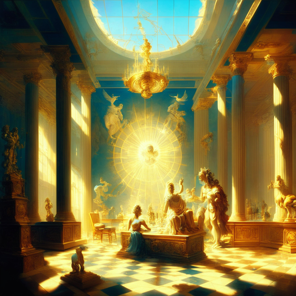 Sunlit auction room with Apollo's mythical figure, representatives of NovaWulf, and a recovered Celsius Network, painted in Baroque style, depicting a mixture of optimism and caution, mood of potential resurrection and risk, financial chess game, intricate symbolism, and futuristic undertones.