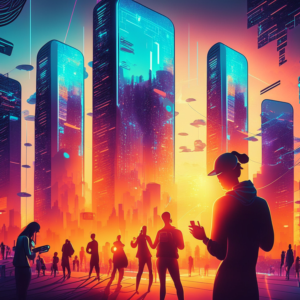 Futuristic cityscape with Web3 gaming elements, neon lights and holographic designs, sun setting in the background, people using smartphones with Apple Pay symbols, energetic vibe, blockchain elements woven subtly into the architecture, triumphant atmosphere, user achievements displayed prominently, hints of the STEPN world, dusk lighting accentuating optimism.