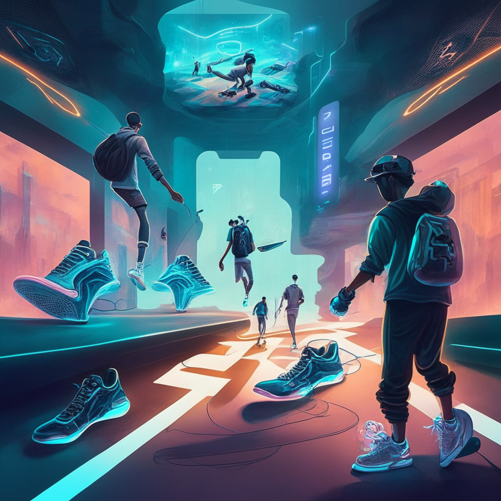 Futuristic gaming scene, players in NFT sneakers, diverse users connected via Apple Pay, dynamic light setting, interplay of Web2 and Web3 technologies, triumph of accessibility, air of innovation, bridges between digital realms, sense of optimism for mainstream Web3 adoption.
