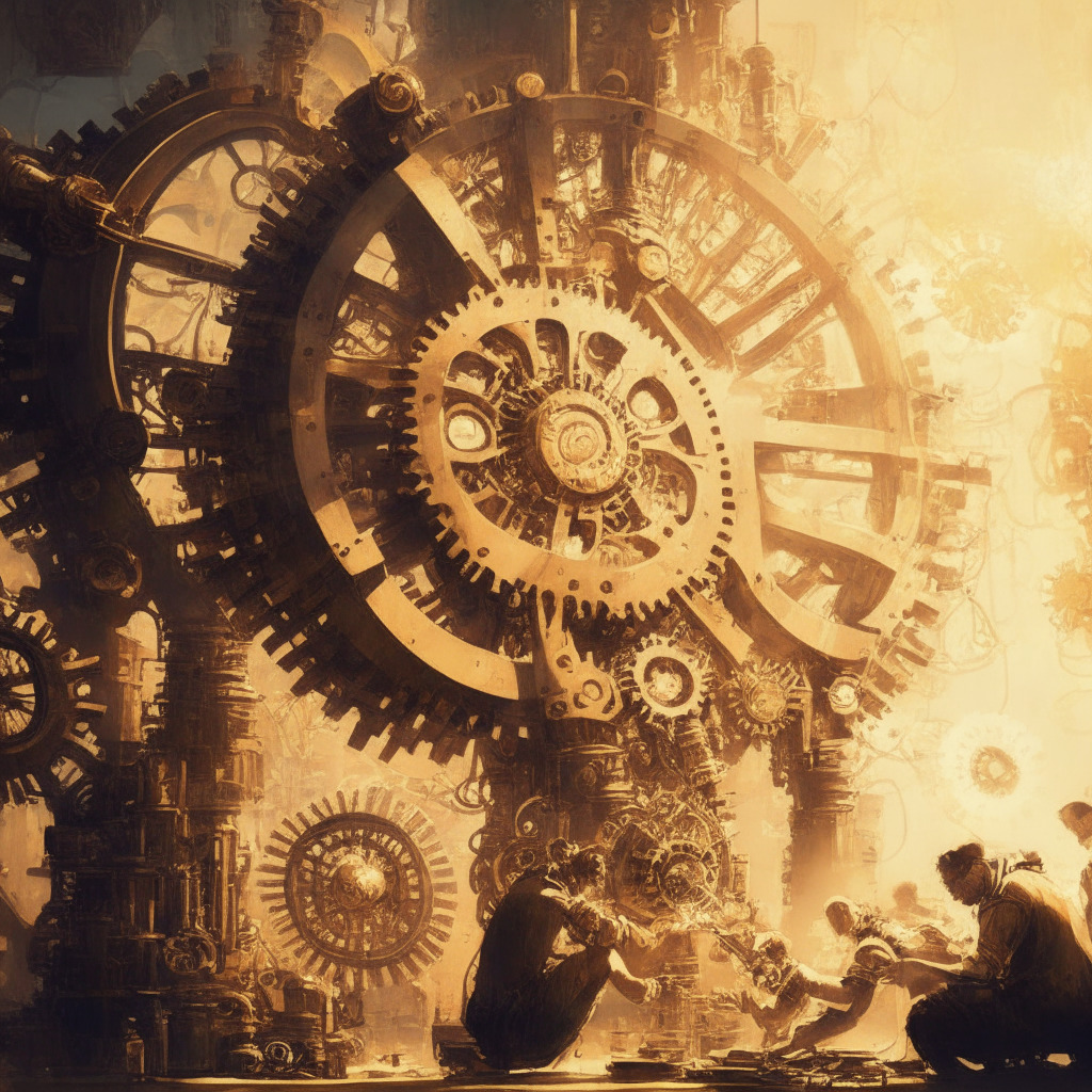 Intricate steampunk scene, sunlit tech workshop, diverse group collaboratively assembling a massive AI mechanism, gears and cogs in motion, mood of focused determination, powerful machine gracefully glowing, sign of unbiased future, artistic sepia tones with vibrant highlights, innovation in finance and tech industries pulsating from the artwork.