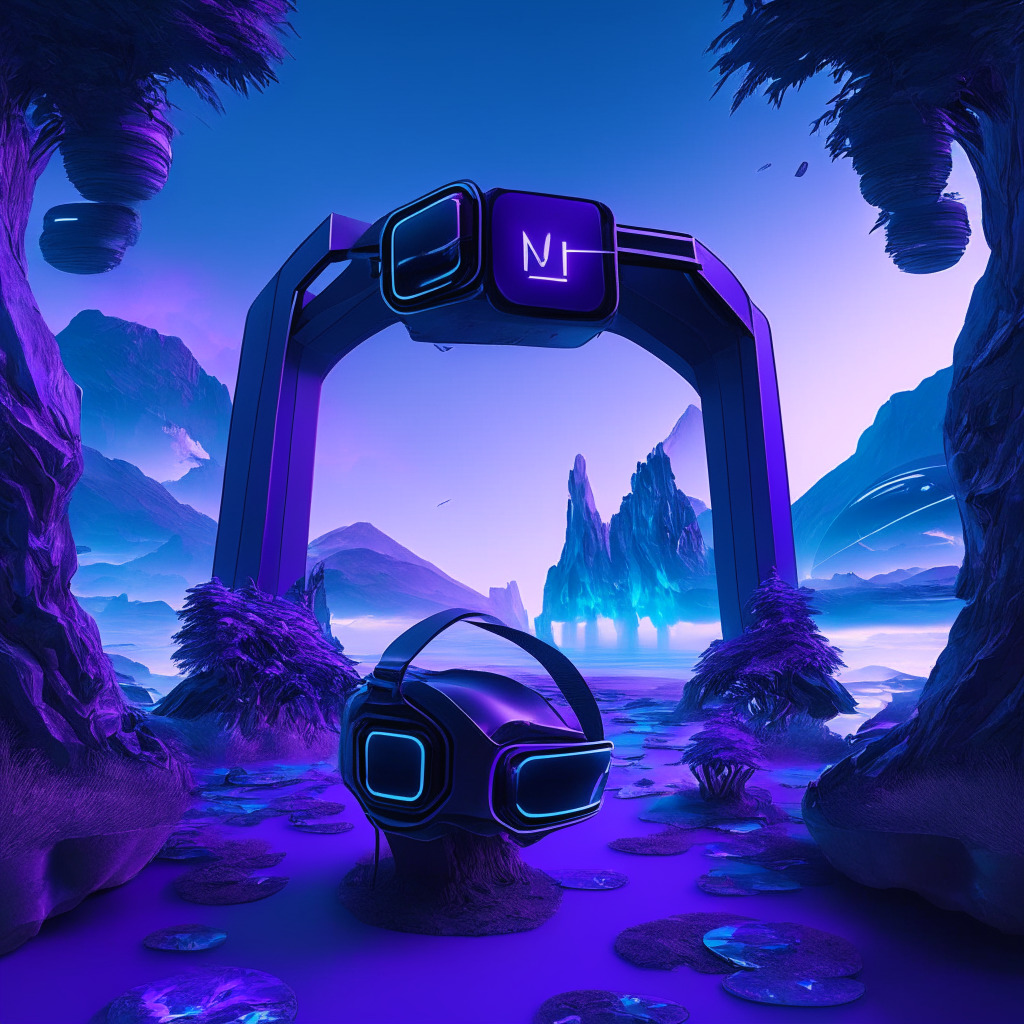 Futuristic metaverse landscape with digital tokens, 3D headset on display, dramatic lighting, heightened contrast, hues of blue & purple, low-key yet optimistic ambiance, meticulously detailed cyberspace, central focus:Apple mixed-reality headset's impact on metaverse tokens, 350 characters.