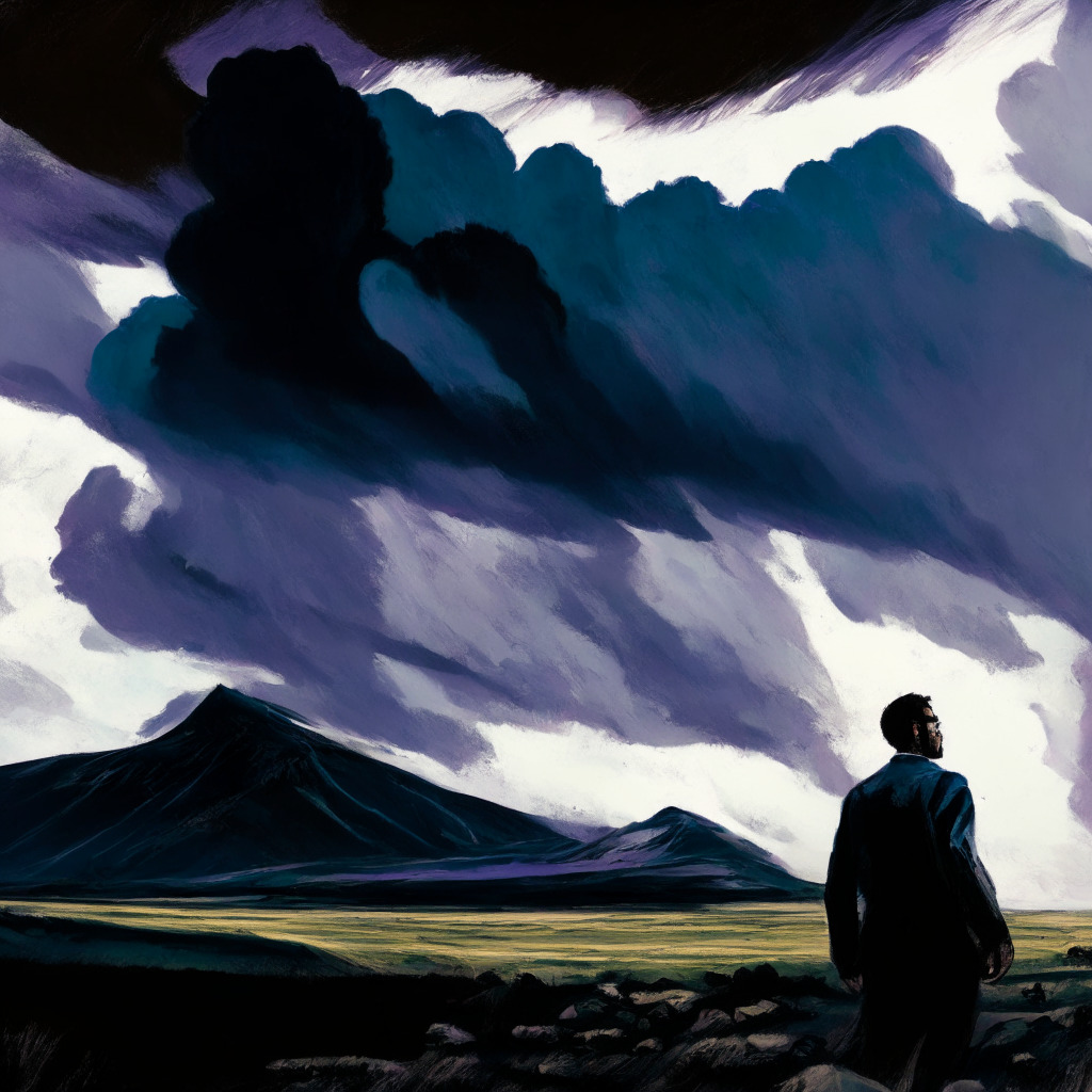 Dramatic, turbulent sky above a Swiss landscape, Aragon co-founder Luis Cuende in the foreground advocating token buybacks, contrasting light and dark shades signifying conflict, a group of activist crypto traders in the distance, tensions reflected in the brushstrokes, Aragon community with hopeful expressions seeking resolution, vague references to legal hurdles, overall mood of uncertainty and optimism.