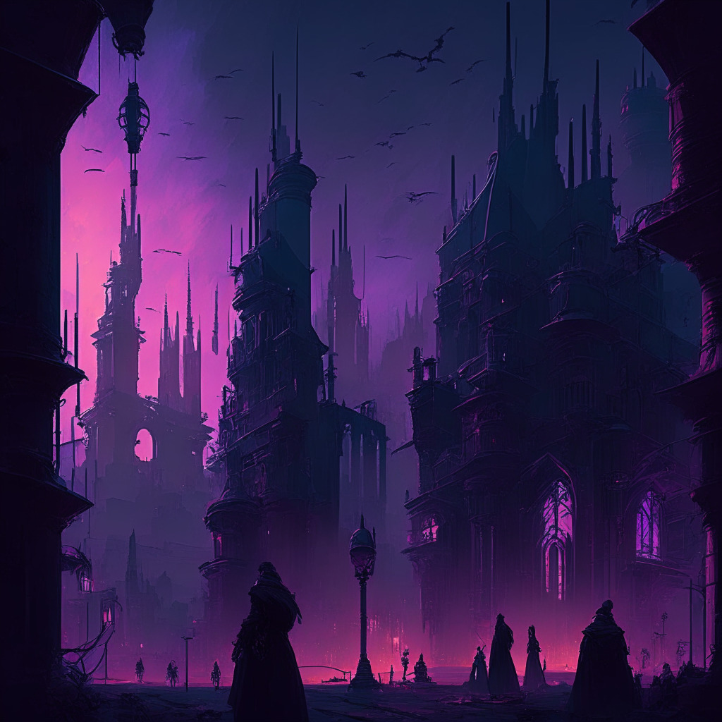 Intricate medieval cityscape at dusk, cyberpunk-infused architecture, moody indigo and magenta skies, a council huddled in debate under warm lanterns, hints of futuristic technology, defense mechanisms and invisible shields activated, underlying tension and vigilance in the air.