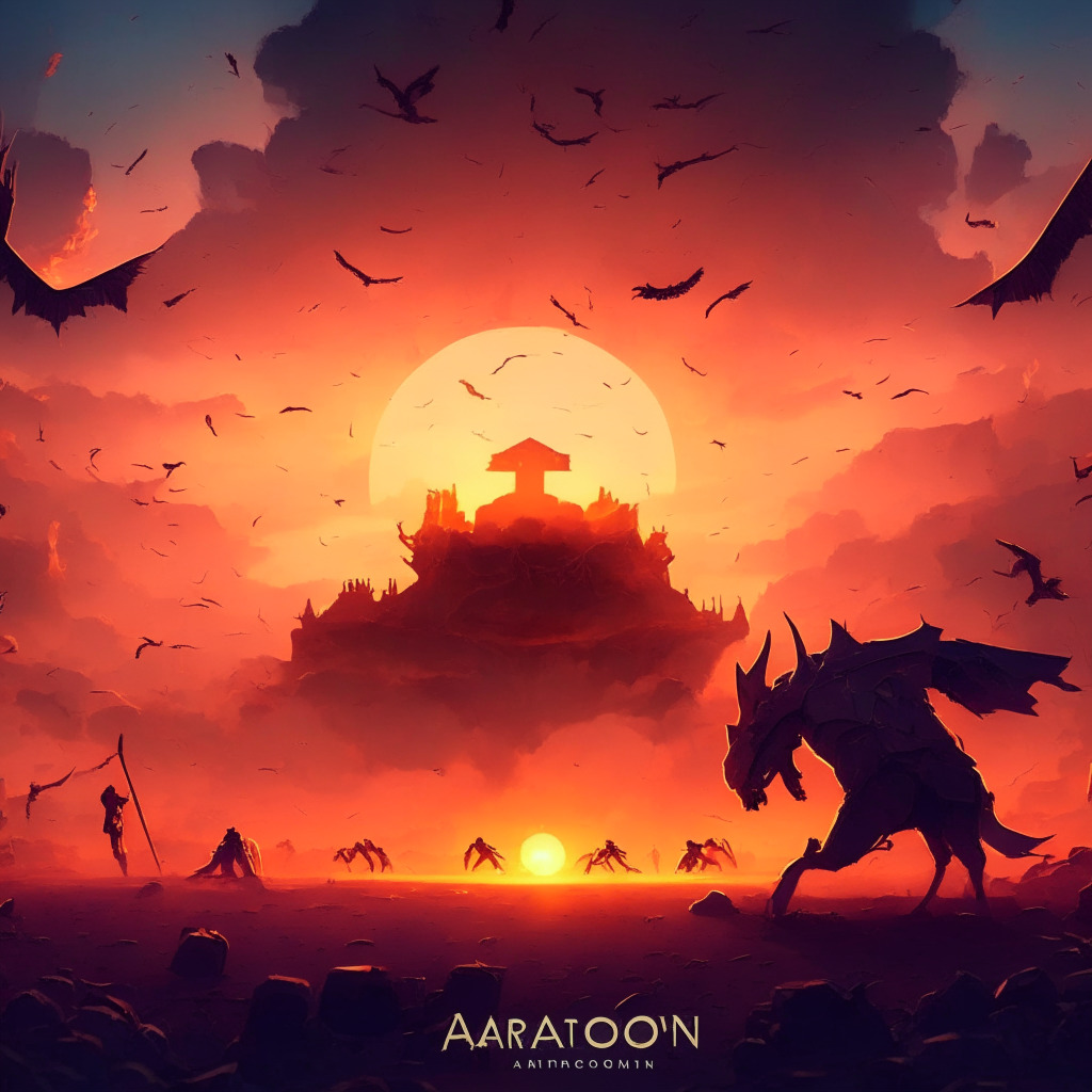 Sunset-lit financial battlefield, Aragon & token holders locked in intense disagreement, suspended Discord users, frustrated investors demanding leadership changes, ANT token caught in turbulence, shadows of financial transparency & trust, hint of hope illuminating Aragon's future.