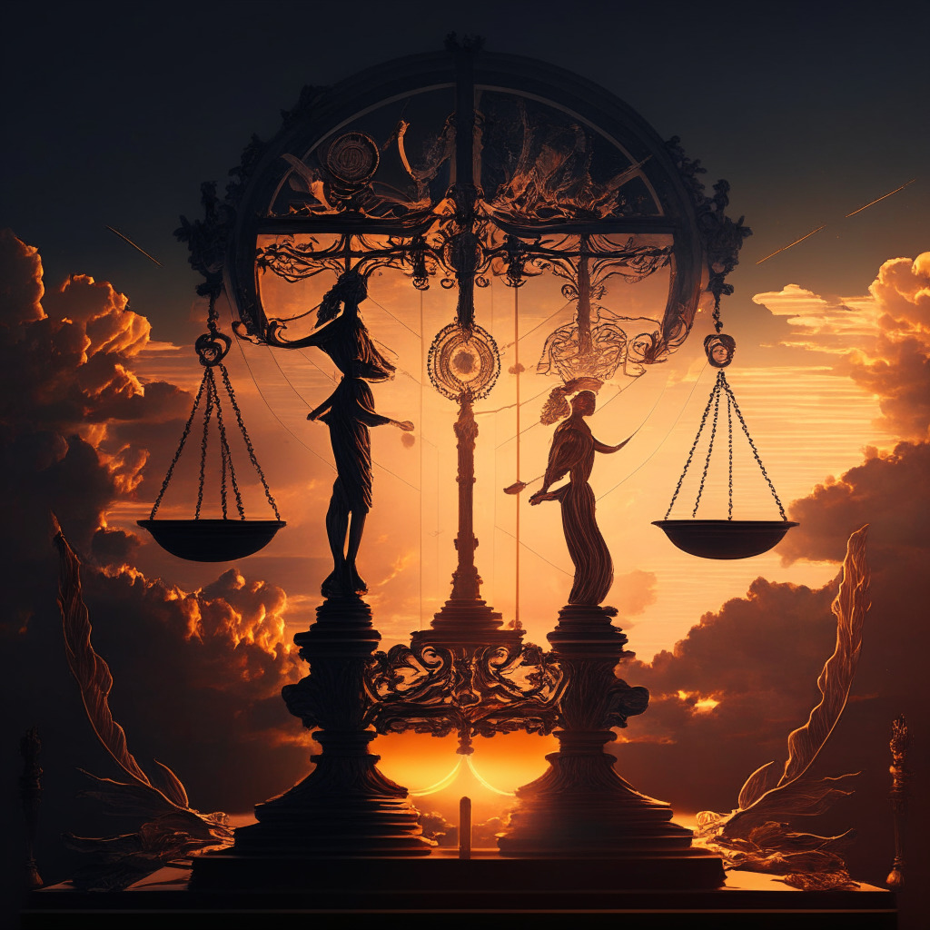 DAO dilemma scene, intricate scales symbolizing balance, one side with a decentralized network, the other with legal documents, sunset glow reflecting uncertainty, delicate Baroque art style, somber mood, contrast between light and shadow depicting the tension between decentralization and compliance.