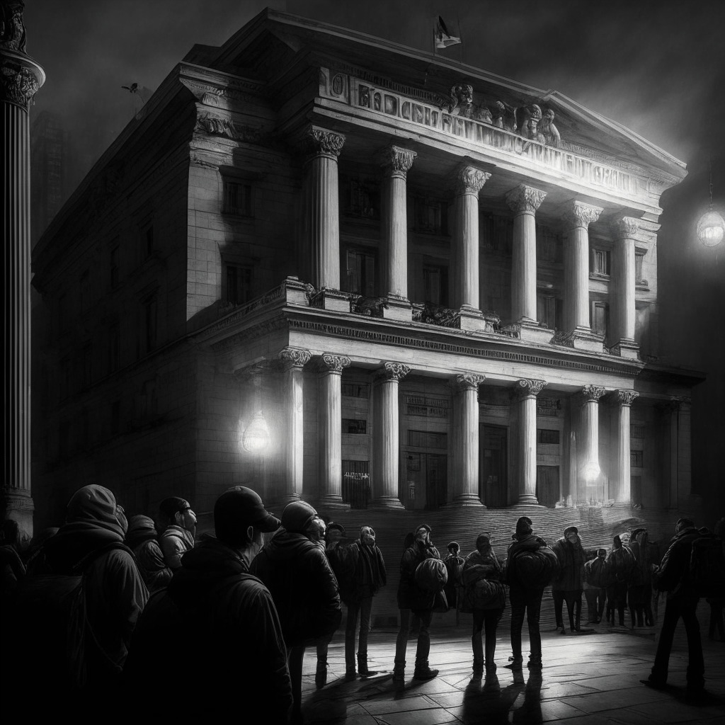 Argentinian citizens amid high inflation, central bank clamping down on crypto, balance of protection and freedom, grayscale cityscape with citizens holding coins, light glowing from a central bank building, somber mood, chiaroscuro contrasts.