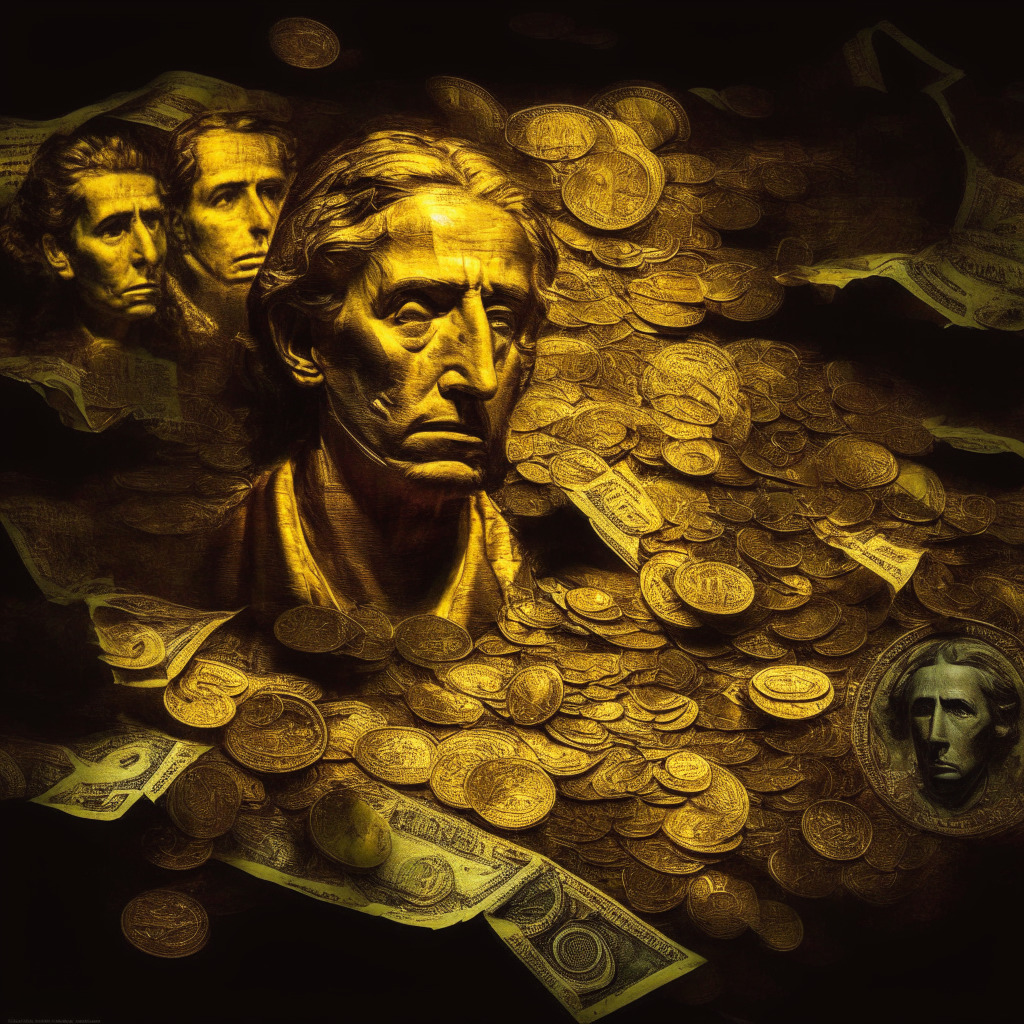 Argentina economic crisis, hyperinflation, peso devaluation, dwindling dollars, vivid golden hues to represent gold, dark contrast for traditional assets, scattered coins and cryptocurrency hints, uncertain expressions on faces, US dollar and euro notes, turbulent mood, diminishing light setting.