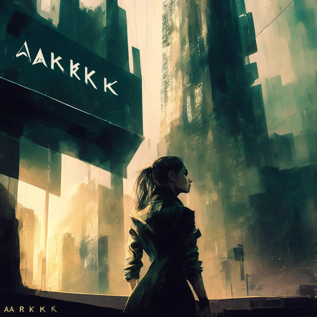 Intricate cityscape with futuristic technology, Ark Invest building and NVIDIA sign fading in the background, contrasting light and shadow, dynamic perspective, Cathie Wood contemplating, moody atmosphere, expressive brushstrokes, crypto coins and stock market graphs interweaved, vibrant tones juxtaposed with muted hues.
