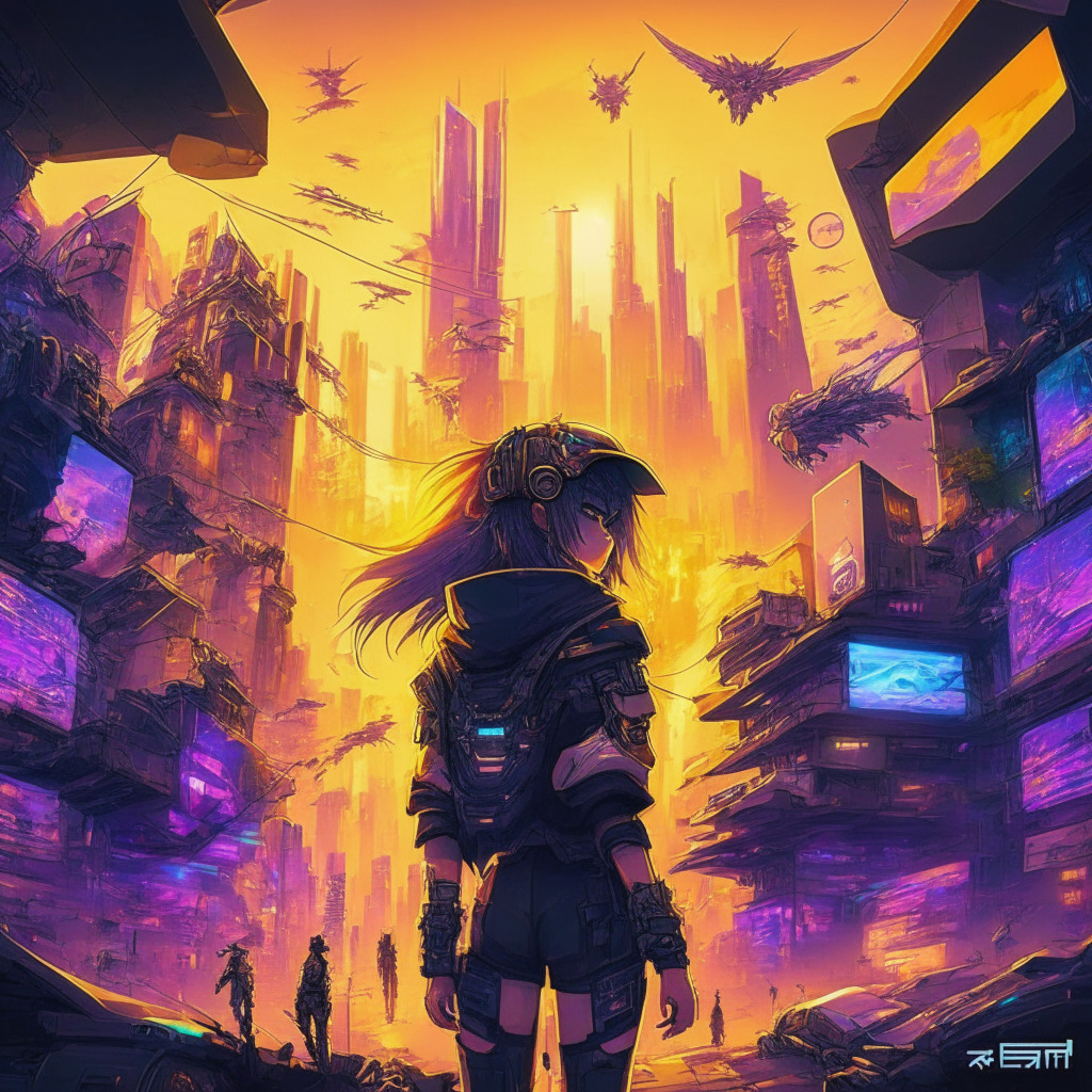 Futuristic Asian gaming metropolis, Ethereum sidechain network, Polygon NFTs integrated, nostalgic MapleStory characters, intricate PUBG-inspired metaverse, golden dusk lighting, cyberpunk artistic style, mood of excitement and innovation, embracing cutting-edge technology and digital collectibles.