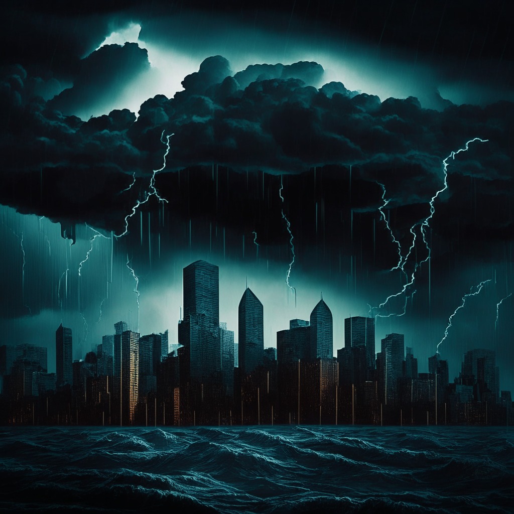 Dark, stormy financial skyline, Bitcoin descending in value, concerned investors, crypto regulatory uncertainty clouds, U.S. debt ceiling storm approaching, Ether and memecoins sinking, subdued colors, chiaroscuro lighting, tension-filled atmosphere, emerging bridge between crypto and TradFi, contrast between bearish and optimistic sentiments.